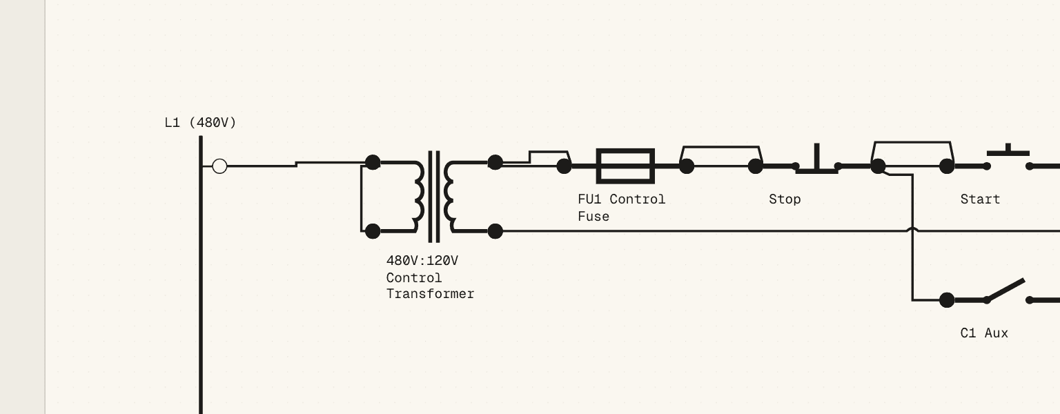 A 480V-to-120V control transformer and its FU1 control fuse feeding a start/stop rung on the canvas