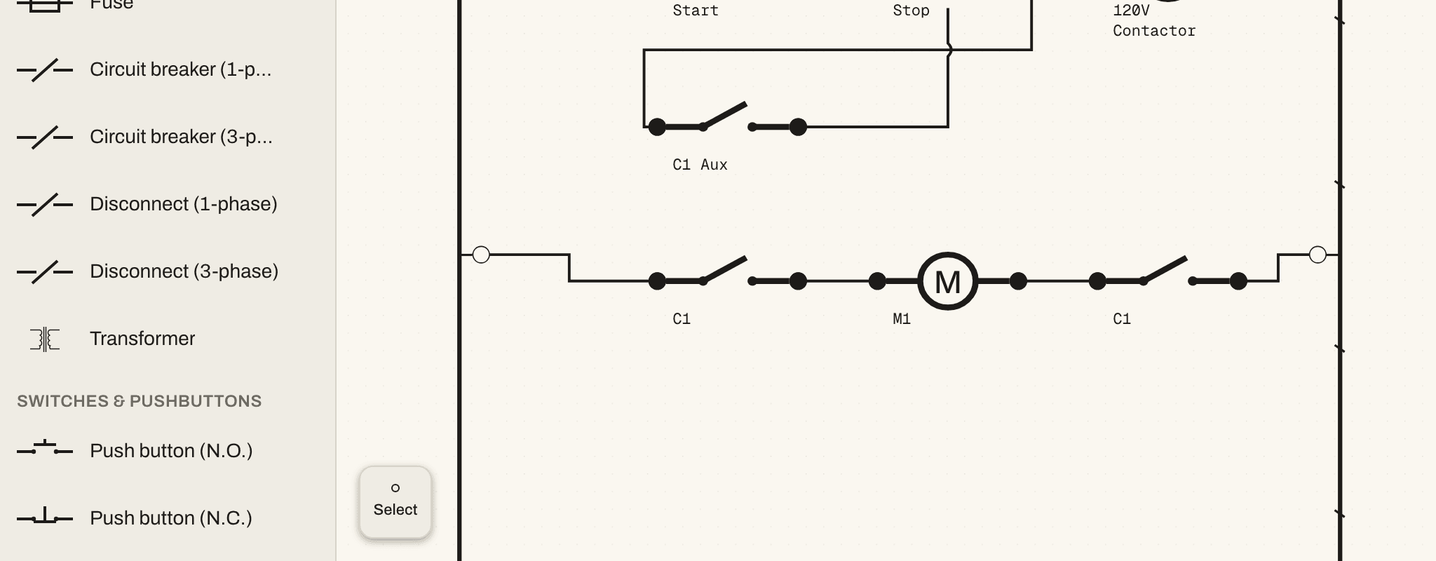 The circuit builder under touch input: the floating Select mode toggle, which the app shows only for a coarse pointer, beside a ladder diagram and the component palette