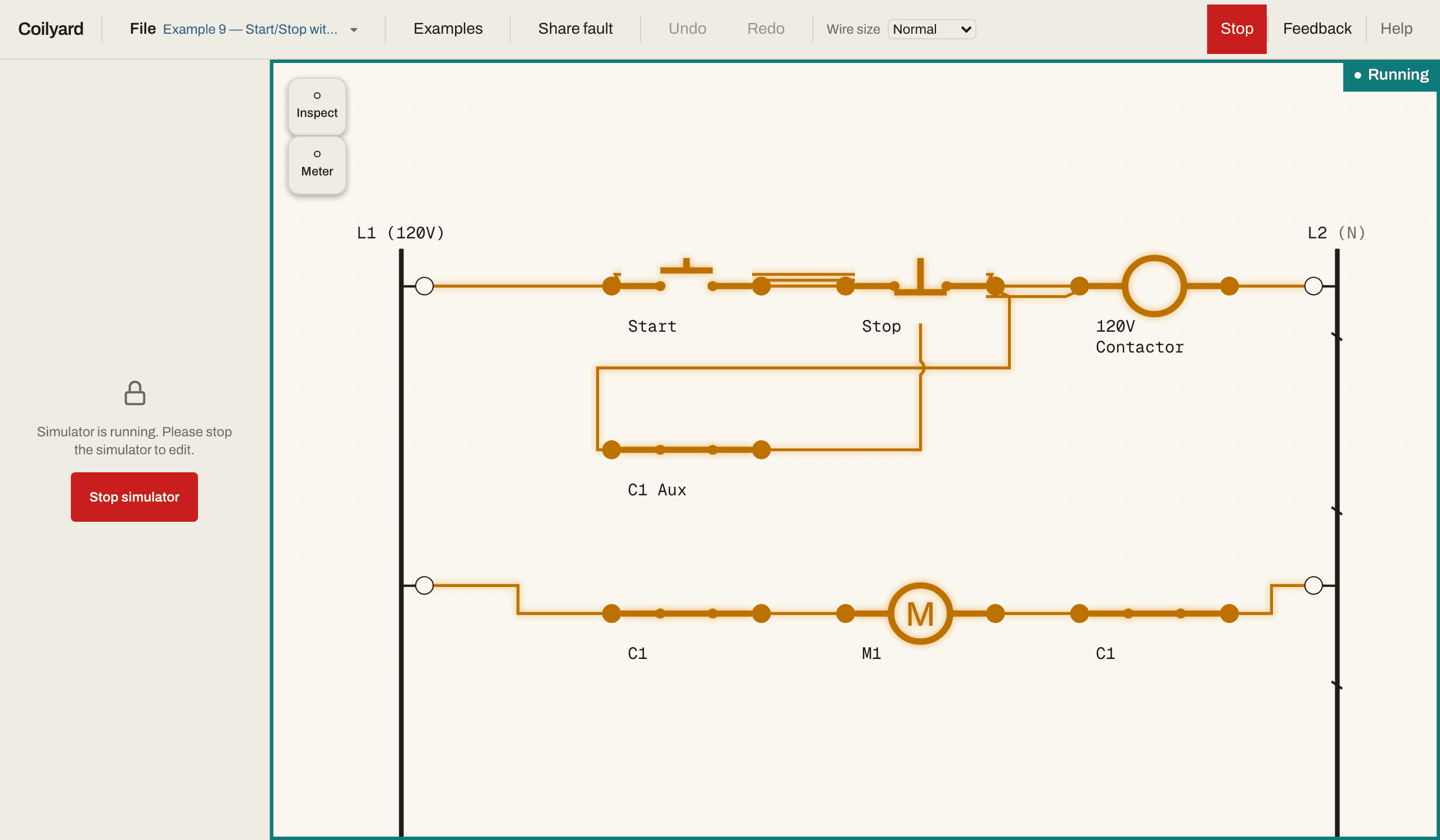 The Coilyard circuit builder running Example 9: a start/stop station sealed in through its C1 Aux contact, with the energized path, contactor coil and motor drawn in amber