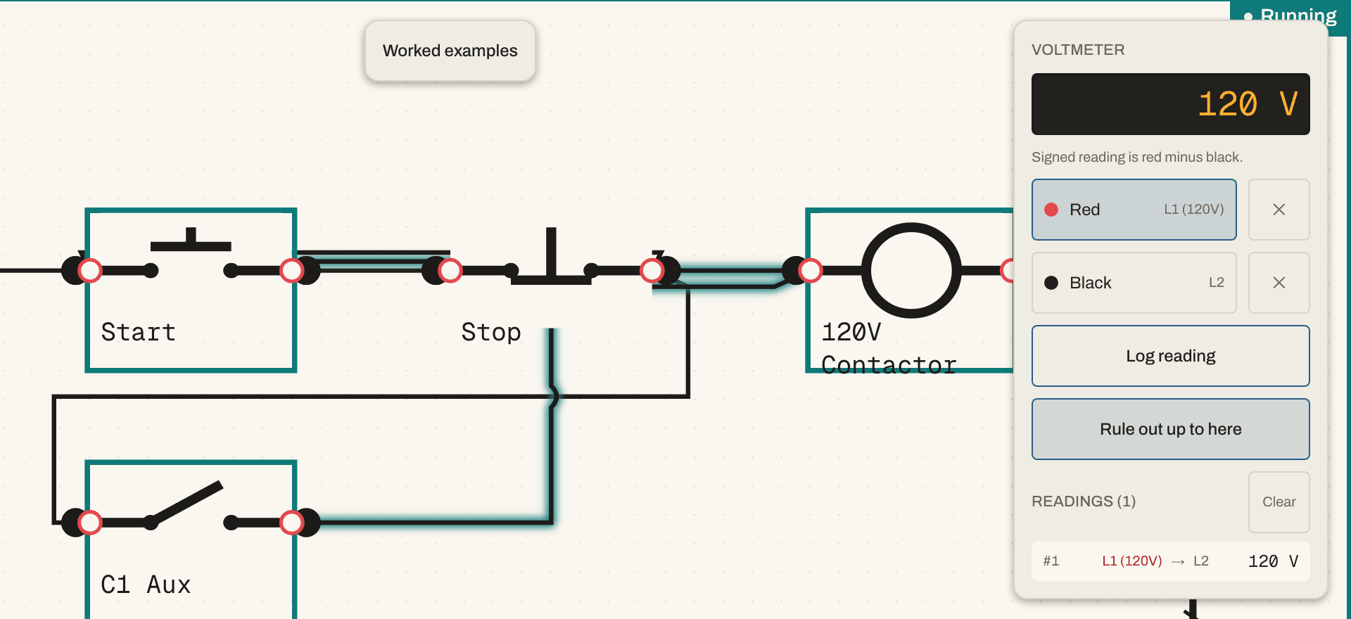 The diagnose view with the on-screen voltmeter reading 120 V between L1 and L2, the probed section of the rung highlighted and the reading logged